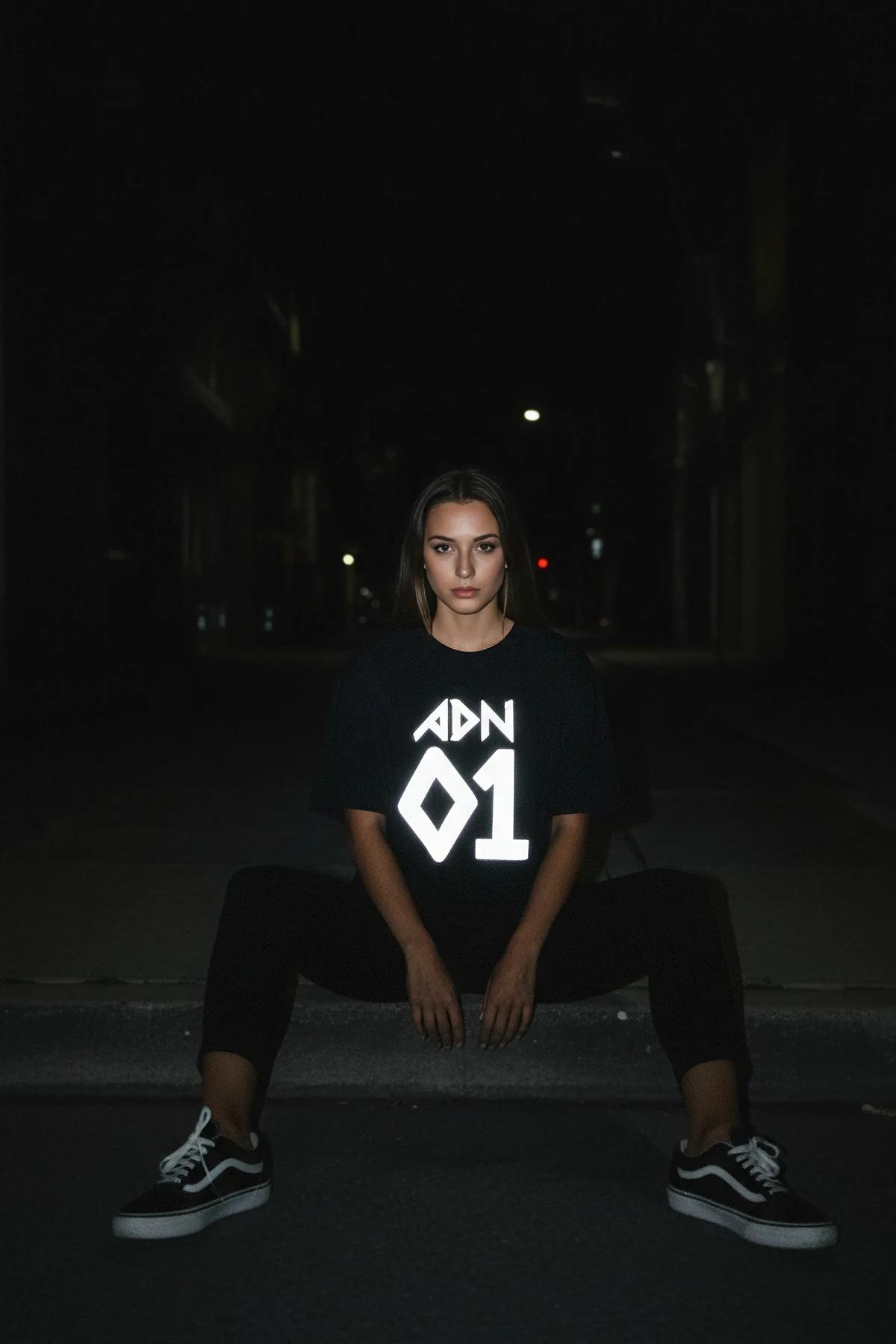 Gece kentsel sokakta stil yapan beyaz reflektör grafiti baskılı siyah oversize festival tişört