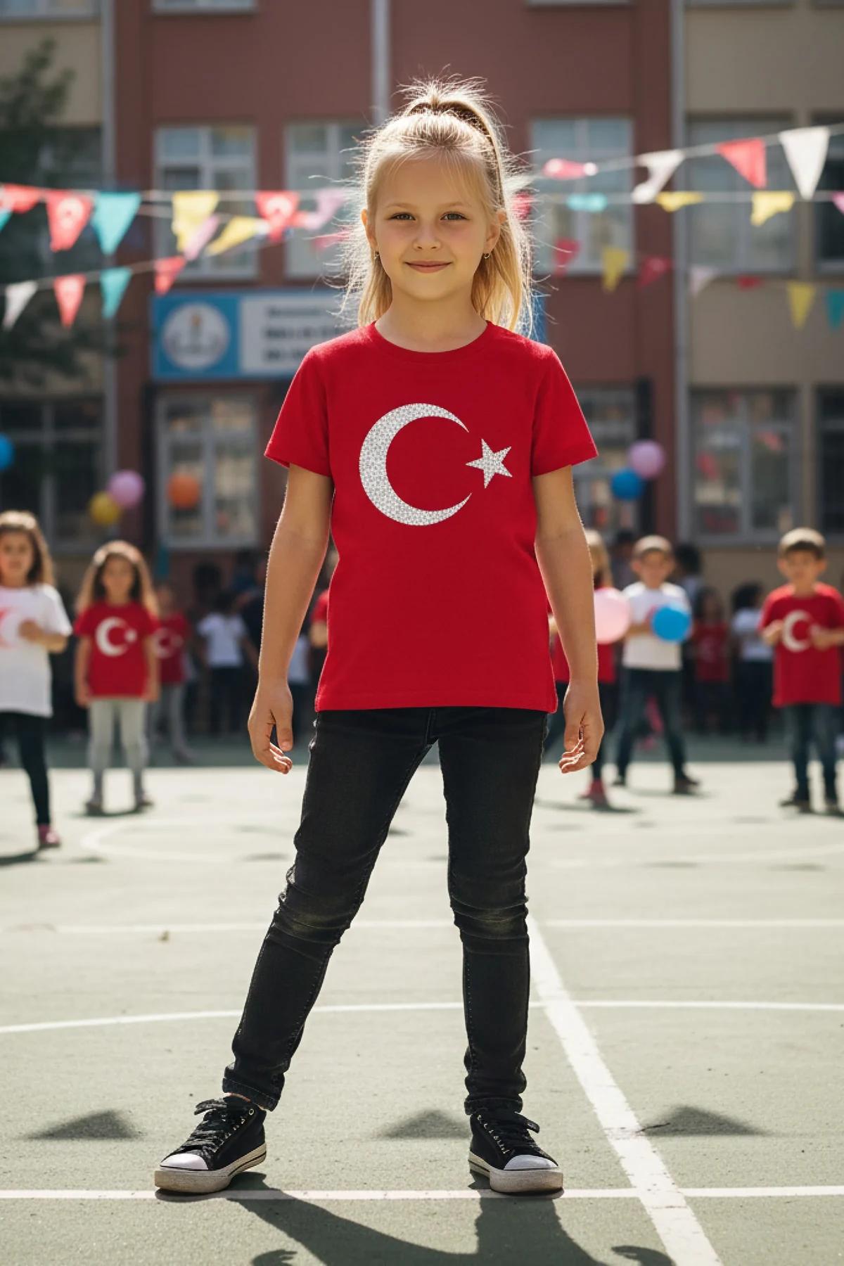 Gündüz gün ışığında tam hilal ve yıldız reflektör motifini gösteren kırmızı çocuk tişörtünün ön görünümü