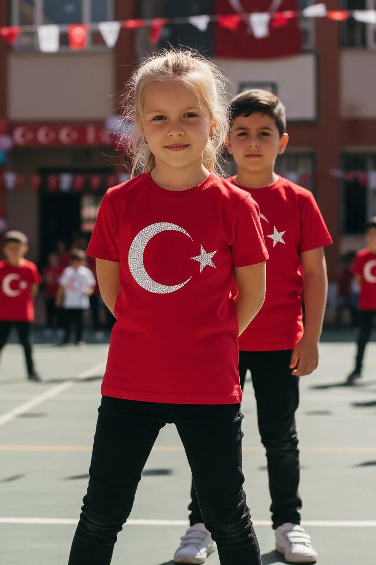 kırmızı çocuk pamuklu tişört, büyük reflektör gümüş ay yıldız ön baskı, okul bahçesinde kız ve erkek çocuk