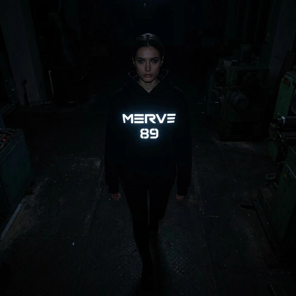 Karanlık endüstriyel ortamda kadın tarafından giyilen parlayan reflektör MERVE 89 göğüs baskılı siyah oversize hoodie