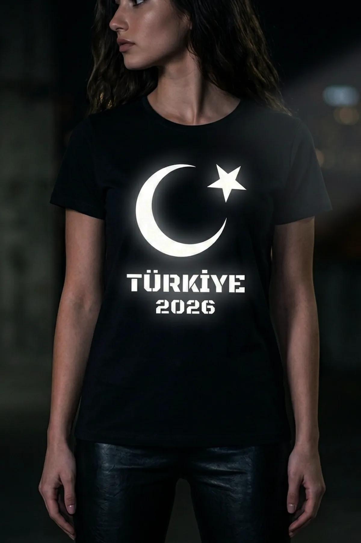 Black women's crew-neck t-shirt with large white glow crescent-star and Türkiye 2026 stencil print on chest