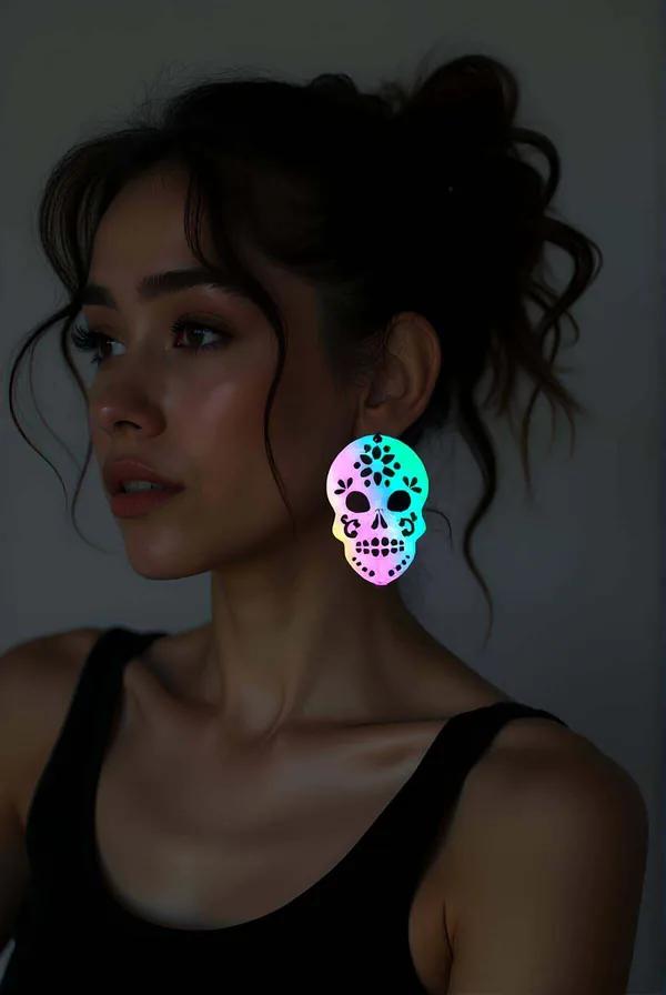 Holografik gökkuşağı yansımalı lazer kesim kurukafa küpe, sugar skull motifli pembe-yeşil-mavi akrilik