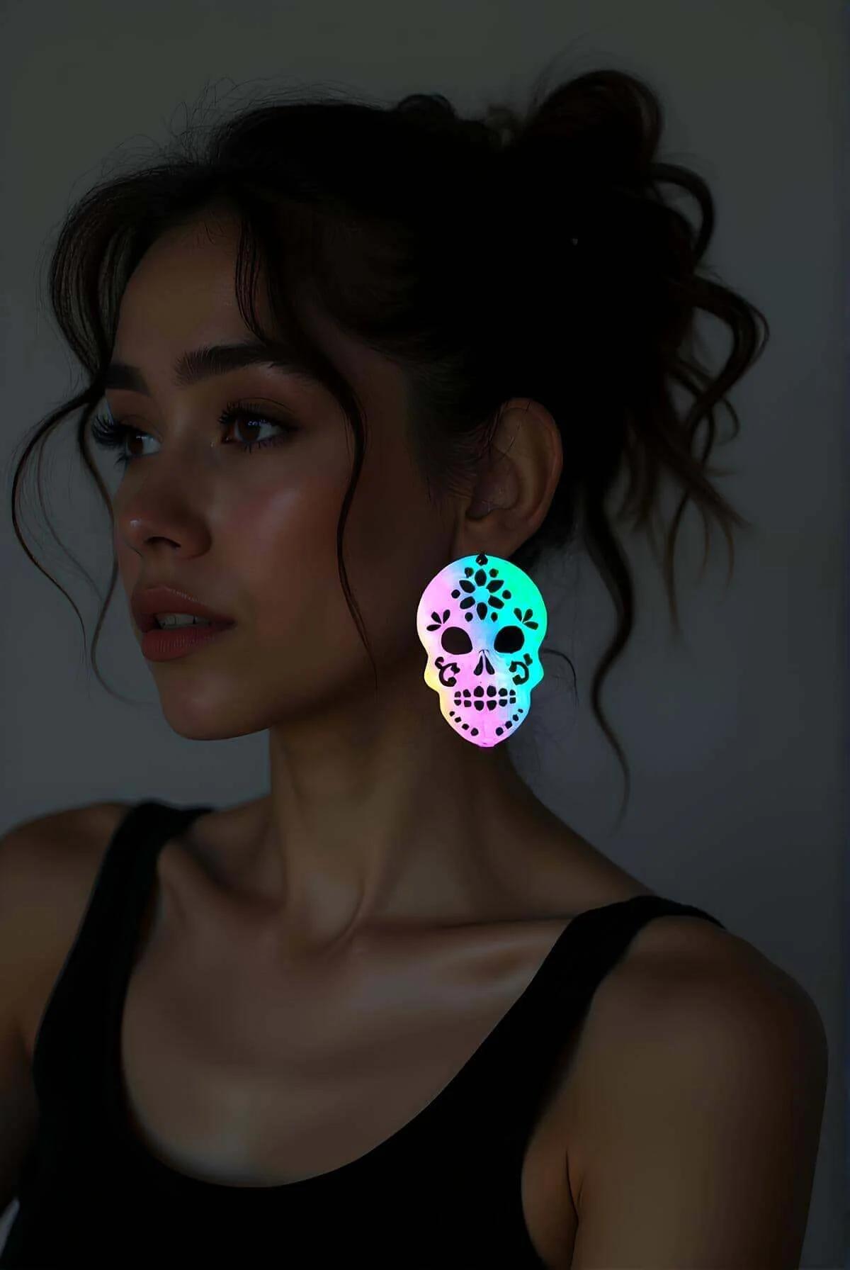 Holografik gökkuşağı yansımalı lazer kesim kurukafa küpe, sugar skull motifli pembe-yeşil-mavi akrilik