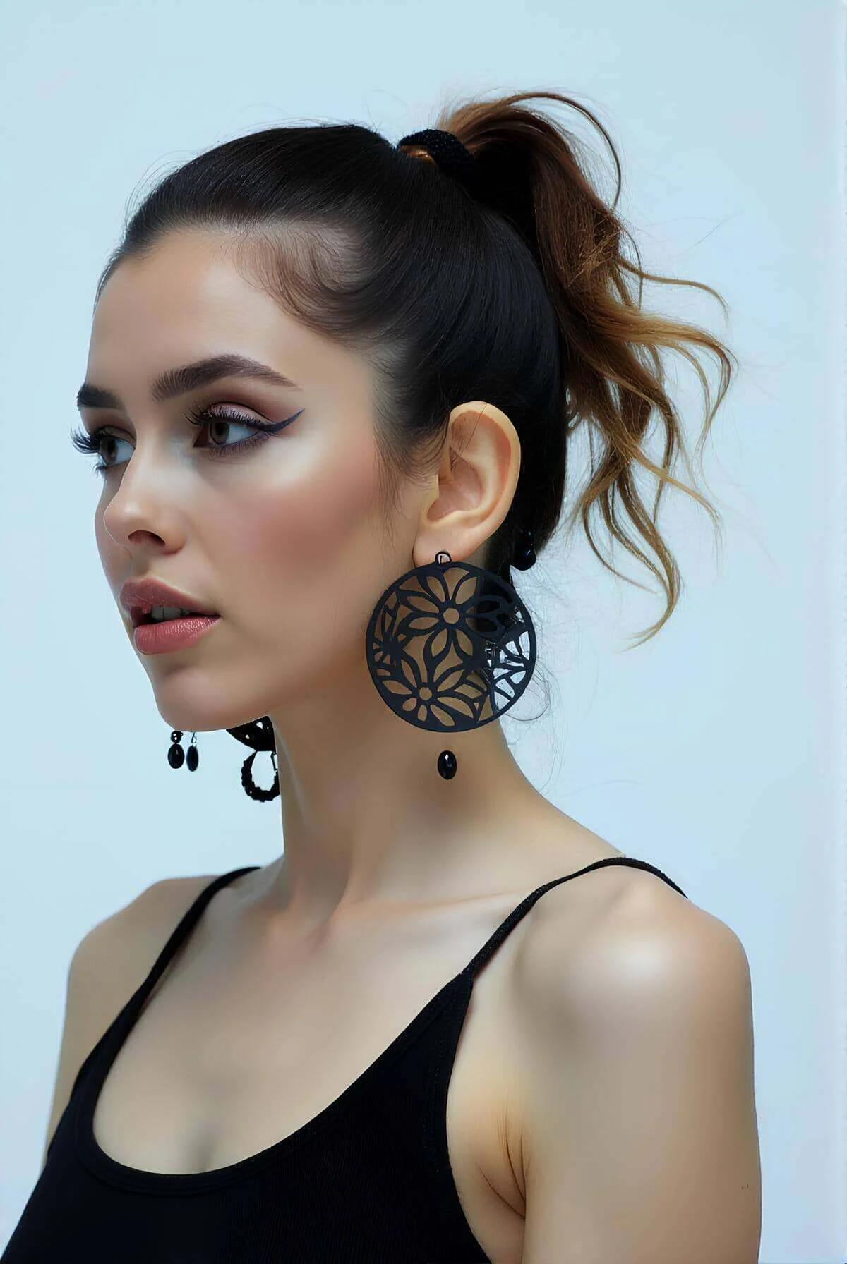 Siyah suni deri çiçekli lazer kesim dairesel disk sarkıt küpeler, küçük boncuk kolye, modelde