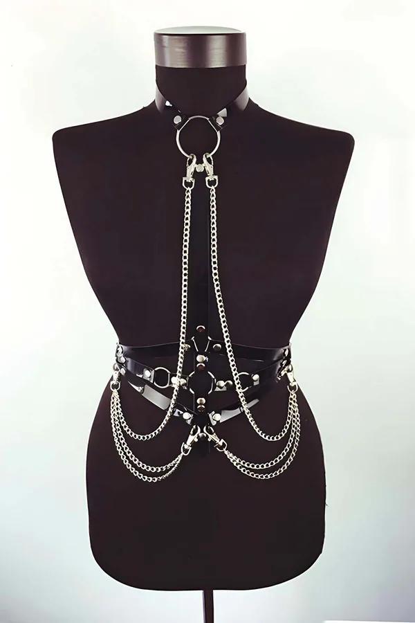 Metal Zincirli Siyah Suni Deri Beden Harness