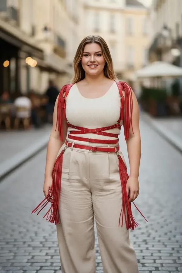 Krem üst üzerine giyilen kafesli bel bantlı ve dökümlü püsküllü kırmızı suni deri vücut harness