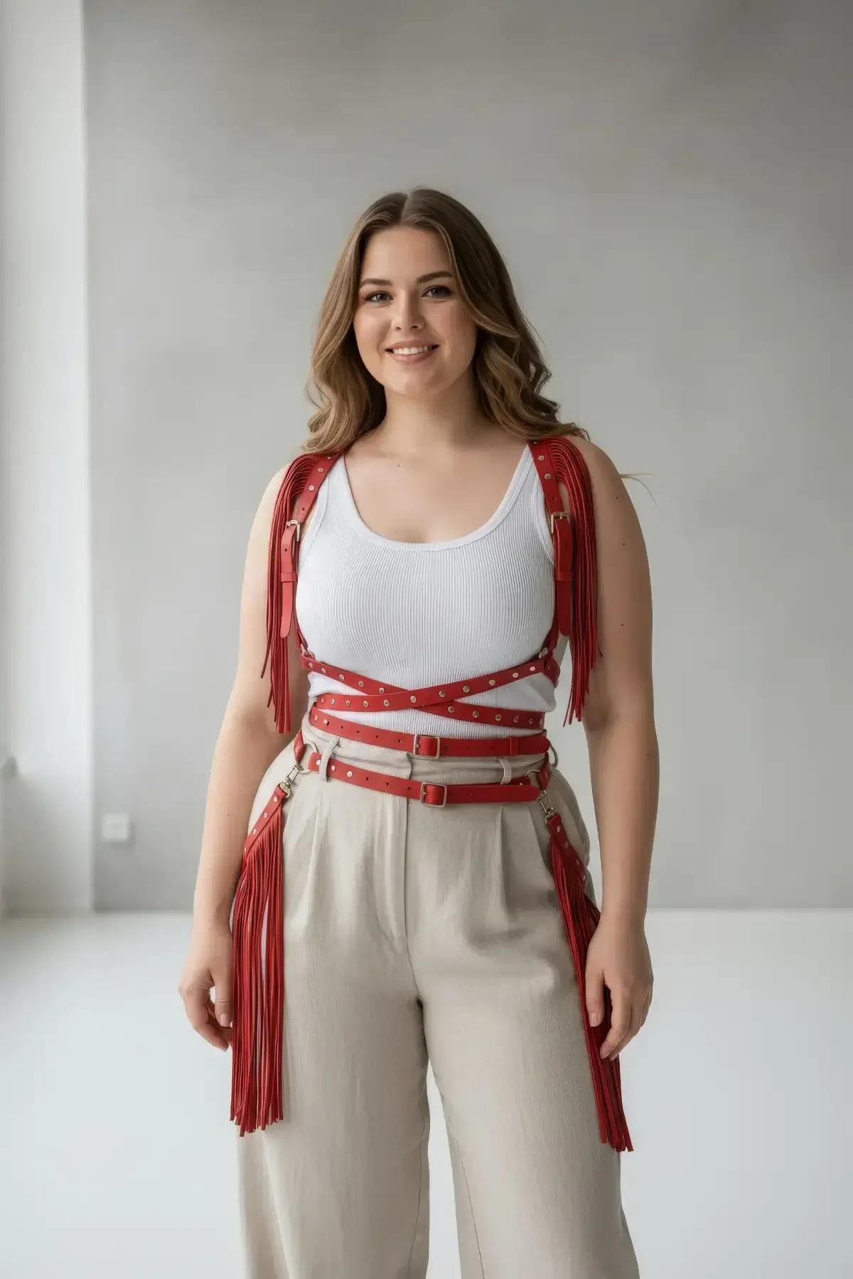 Üç bantlı kafes yapısı ve gümüş toka donanım detayını gösteren kırmızı PU deri harness