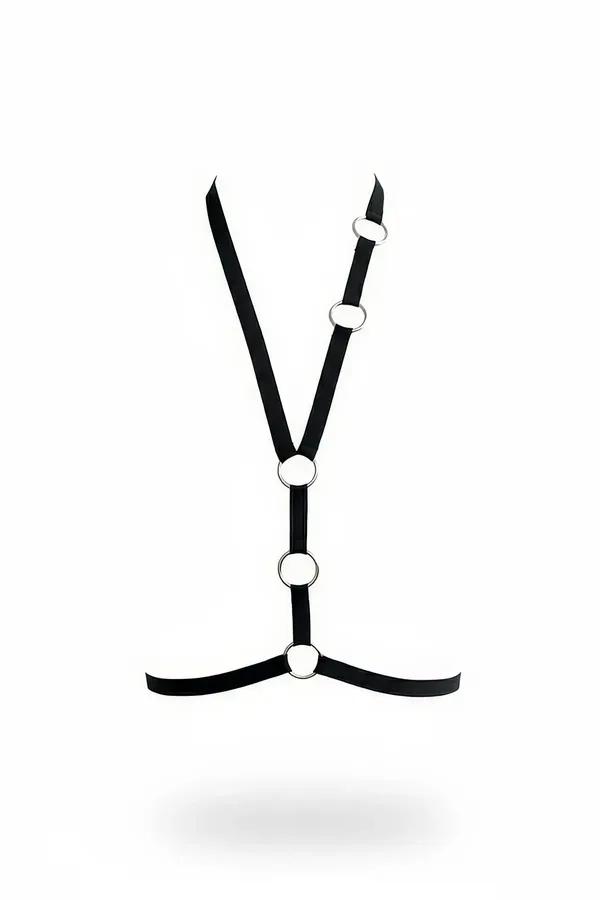 halka detaylı siyah elastik vücut aksesuarı harness gümüş metal halka Y-kesim minimalist tasarım
