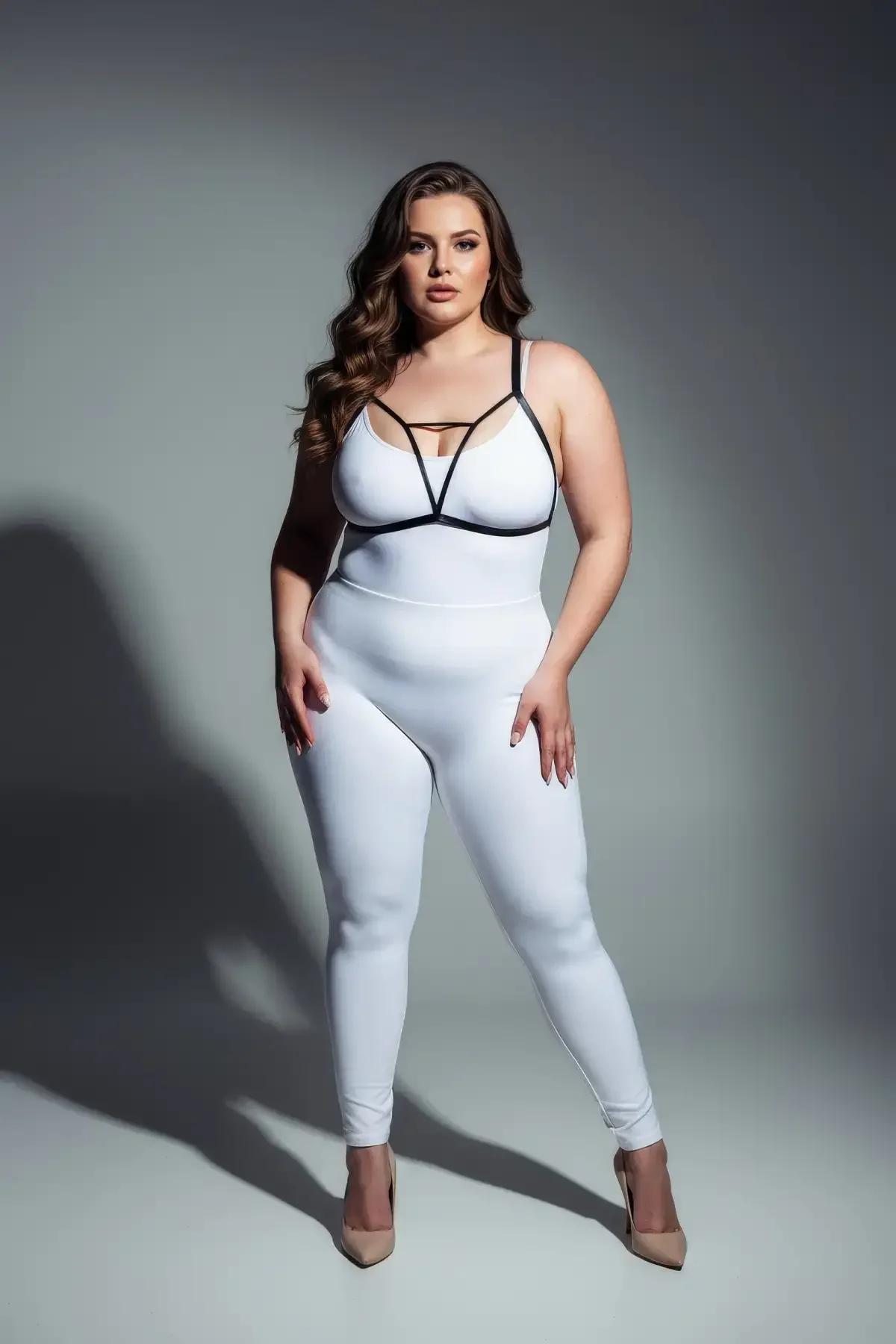 Kaydırmalı toka ayarlanabilir omuz askılı beyaz bodysuit üzerine katmanlı siyah bantlı göğüs harness