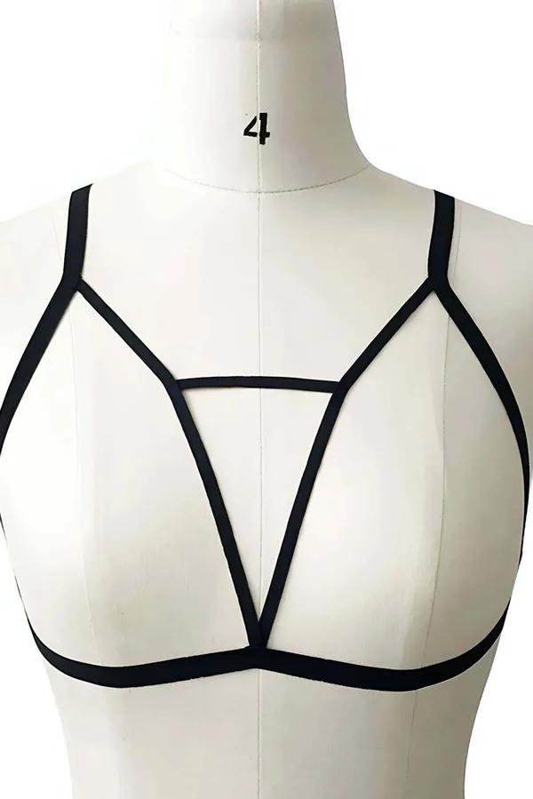 siyah elastik üçgen geometrik kafes harness 1 cm genişlik kadın modası