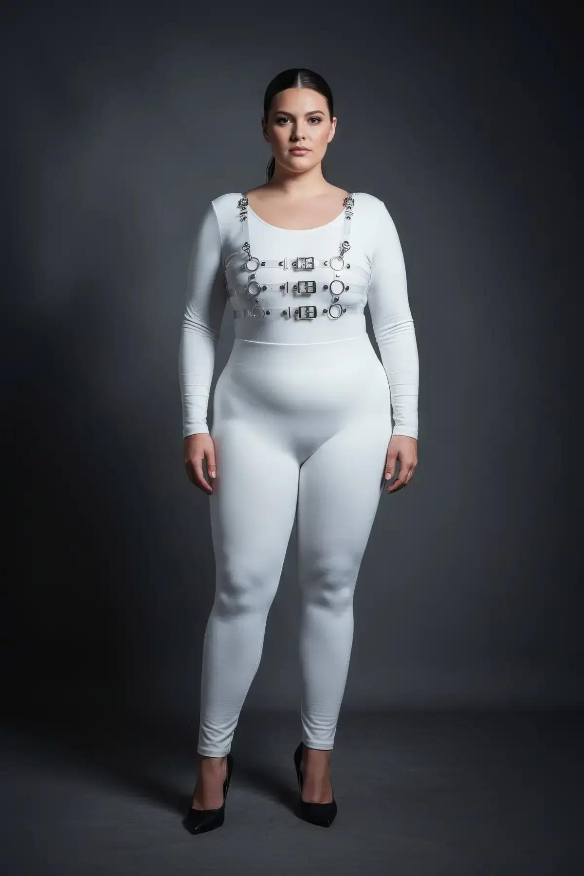 Koyu arka plan üzerinde modelde gümüş toka donanımlı beyaz vücut harness, tam gövde görünümü