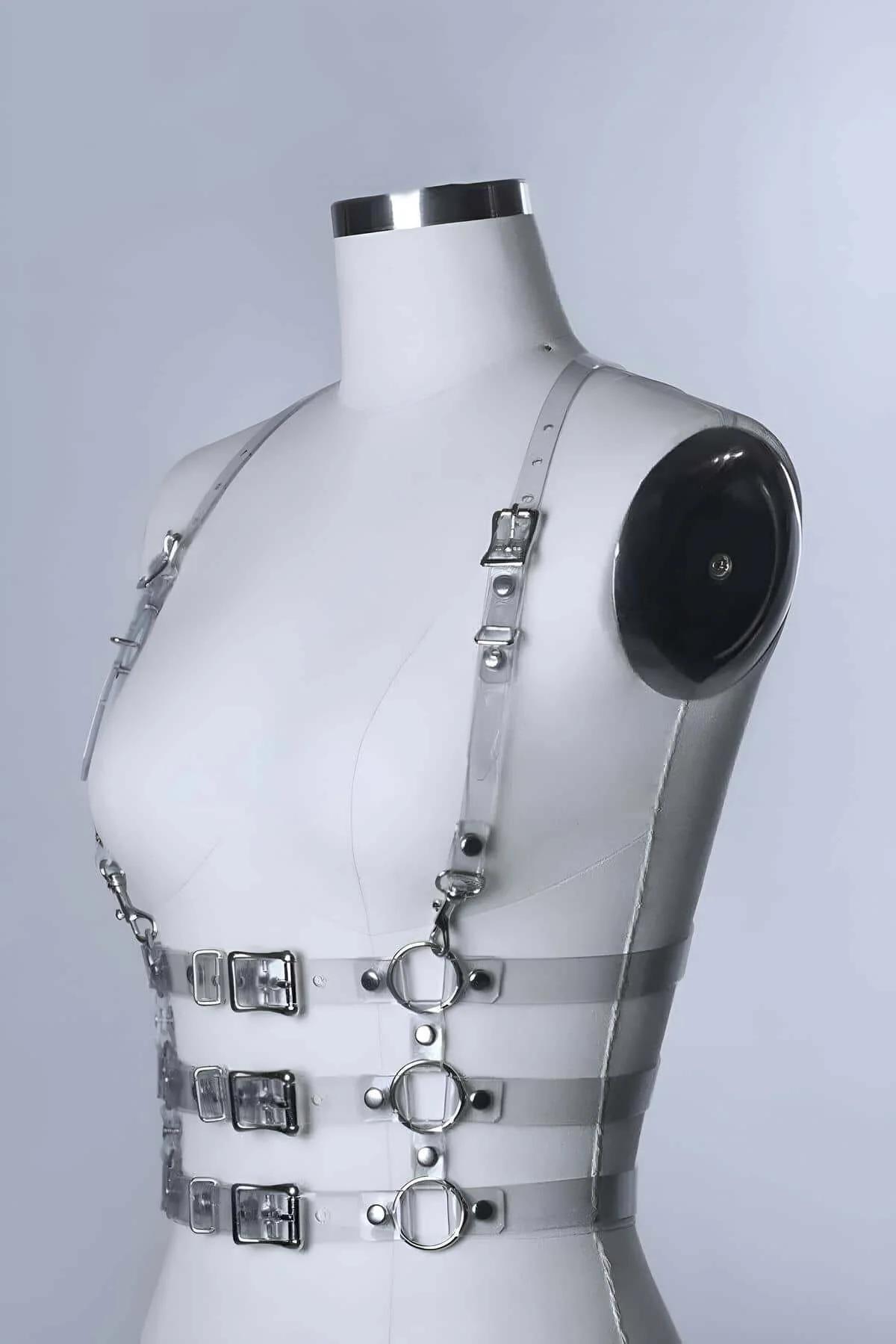 Bant genişliğini gösteren ön görünümden üç ayarlanabilir bel bandıyla berrak PVC vücut harness