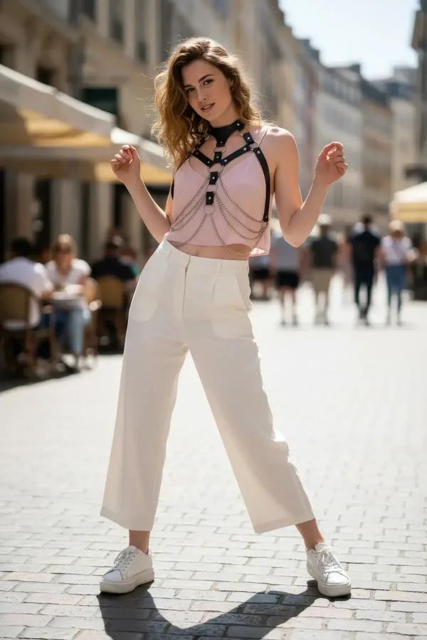 Pembe üstün üzerinde, beş dökümlü gümüş zincir ve çoker boyunlukla siyah vegan deri vücut harness