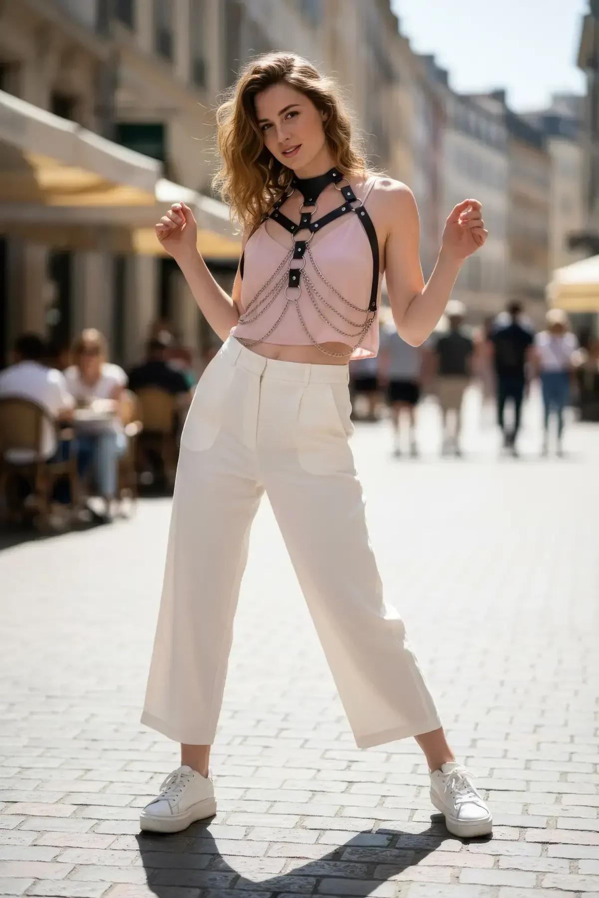 Pembe üstün üzerinde, beş dökümlü gümüş zincir ve çoker boyunlukla siyah vegan deri vücut harness