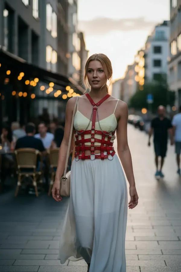 Şehir sokağında beyaz maksi elbise üzerinde, gümüş zincir aksanlarıyla kırmızı kafes suni deri vücut harness