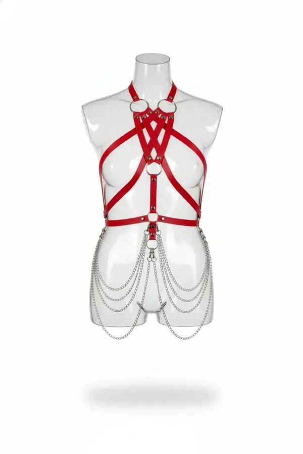 Mankende gümüş O-halka ve beş sıra sarkıt kalça zincirli kırmızı suni deri dokuma vücut harness