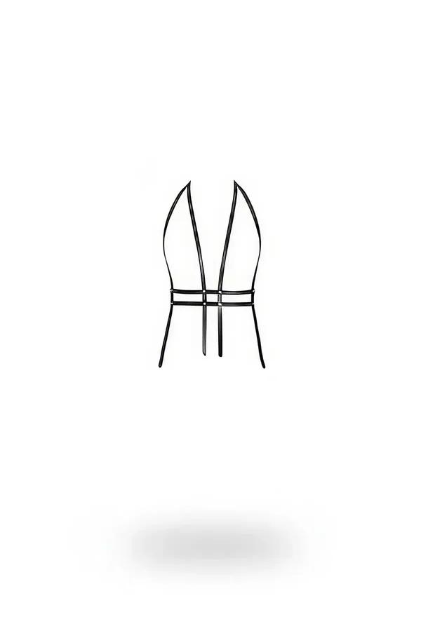 Açık V-yaka çerçeve ve çift yatay bel bantlarıyla siyah suni deri minimalist göğüs ve bel harness