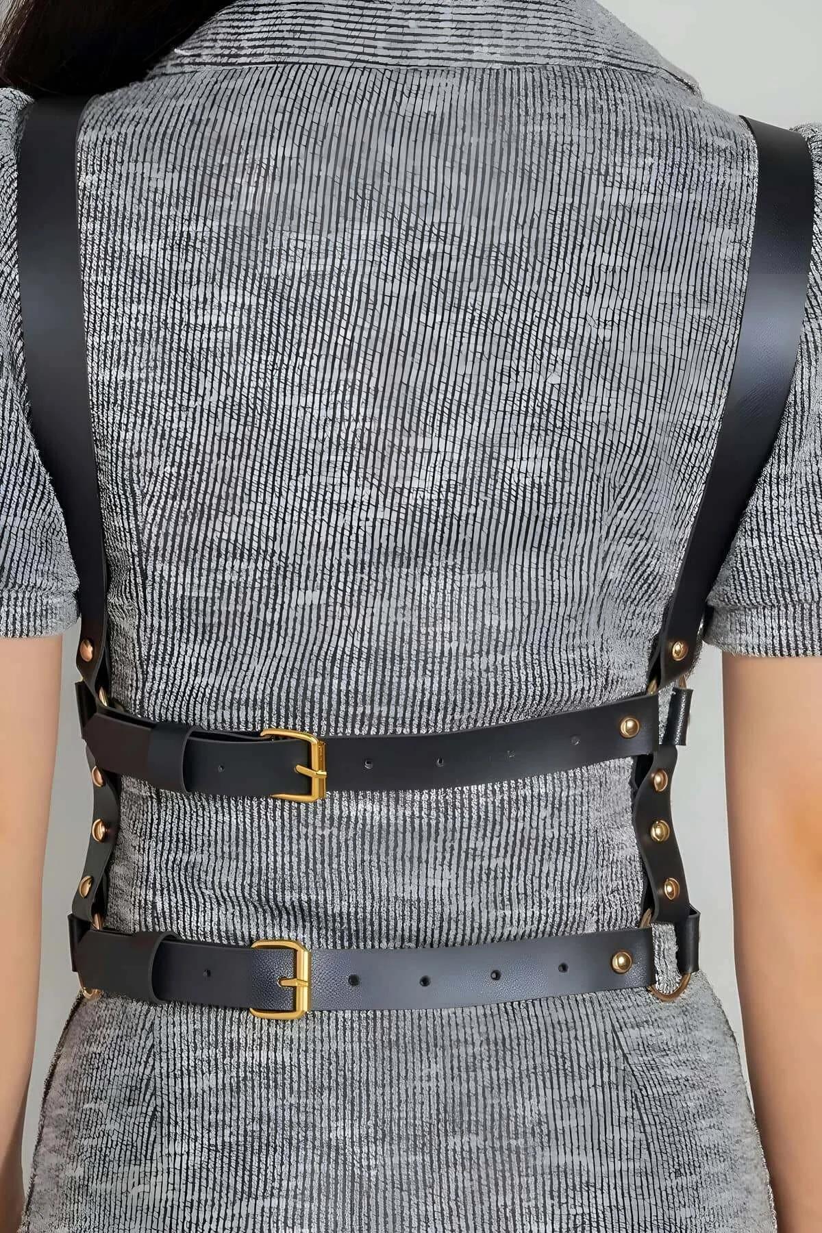 siyah PU deri çok sıralı bel kemeri yan açı bronz metal toka detayı