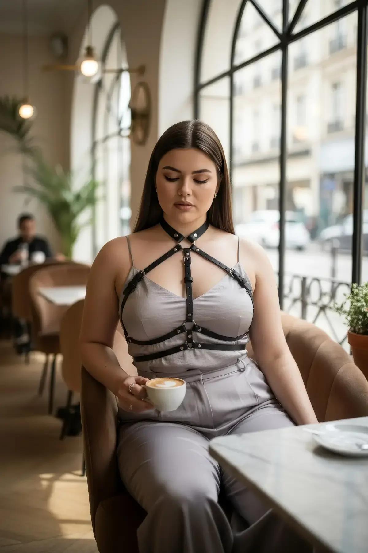 Geometrik askı kafesi ve üç gümüş O-halka gösteren siyah göğüs harness düz yatay çekim