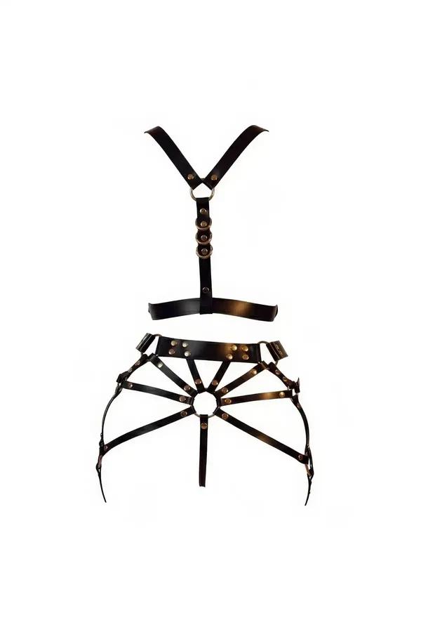 Antik bronz O-halka ve ışınsal jartiyer etek seti ile siyah suni deri iki parça vücut harness düz serili