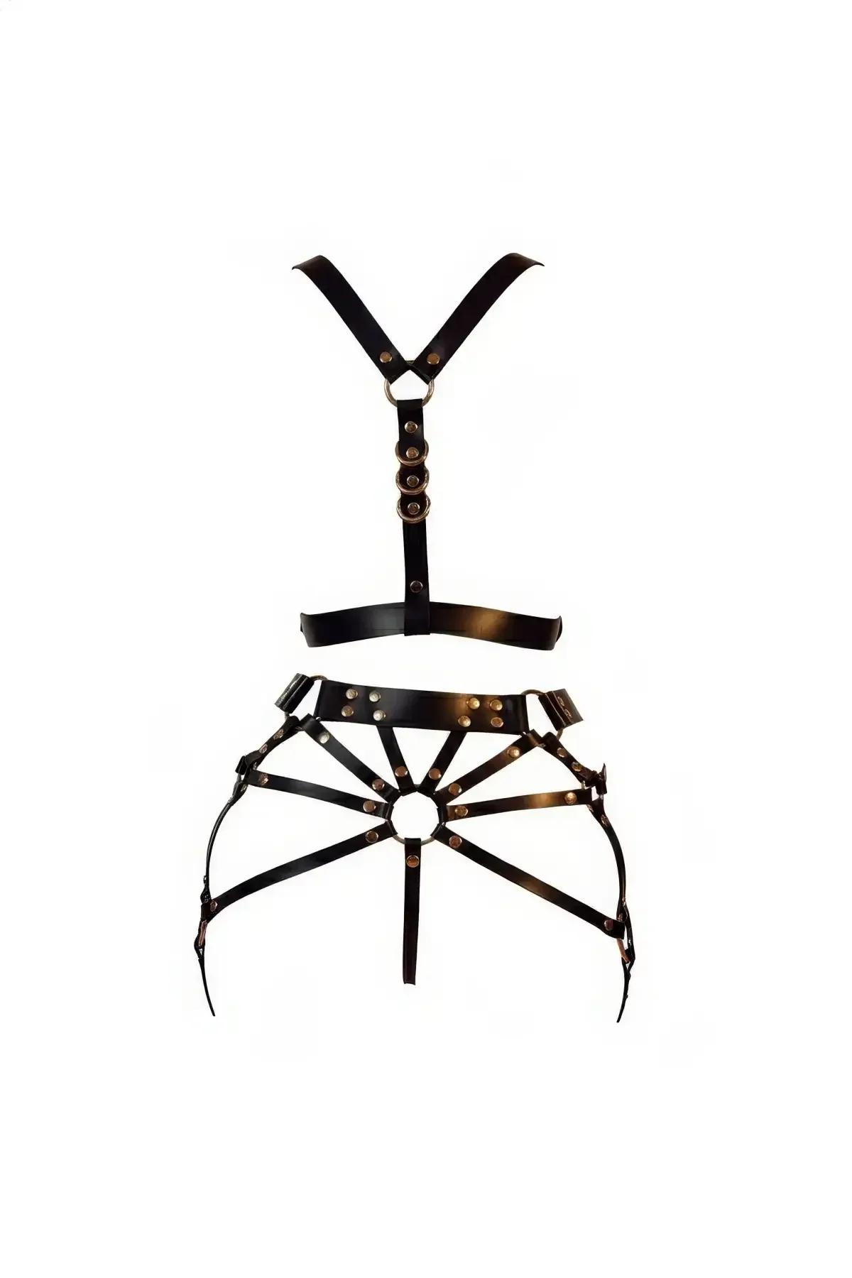 Antik bronz O-halka ve ışınsal jartiyer etek seti ile siyah suni deri iki parça vücut harness düz serili