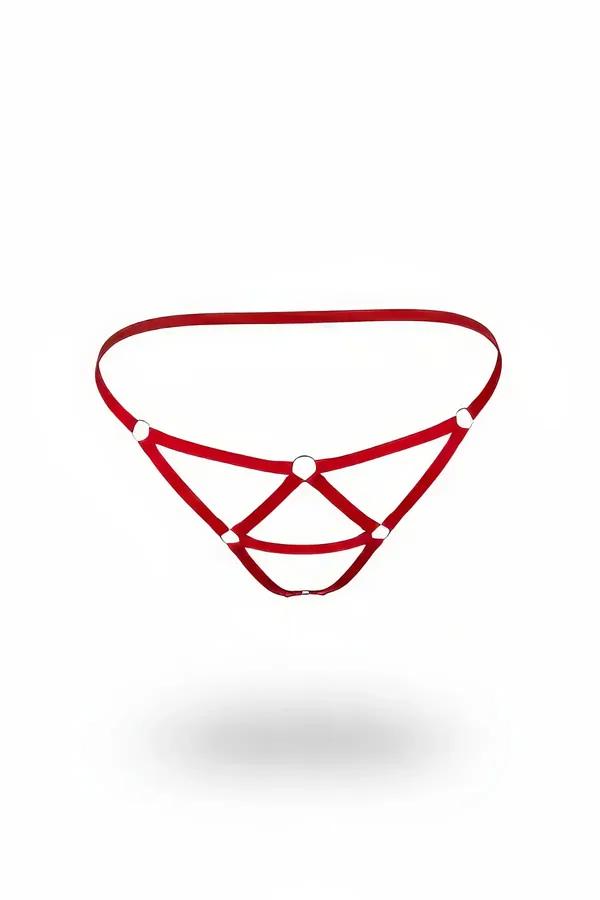 Beyaz zeminde gümüş O-halka merkezi ve geometrik kafes elastik askı yapılı kırmızı askılı harness tanga