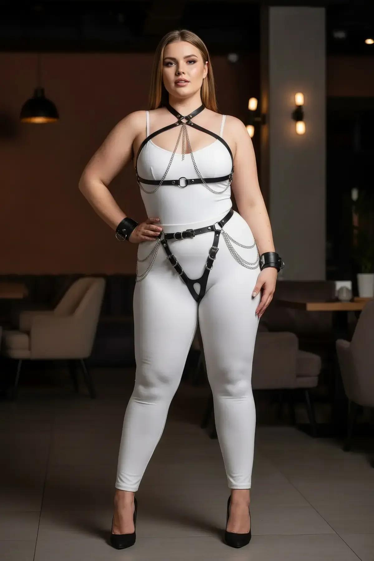 Artı beden modelde göğüs, bel ve bilek kelepçe uyumunu gösteren siyah suni deri harness setin tam vücut görünümü