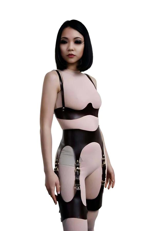 Altın rengi tokalar ve oval kesimli paneller ile koyu kahverengi suni deri harness jartiyer seti, tam iki parça koordineli iç çamaşırı olarak giyilmiş