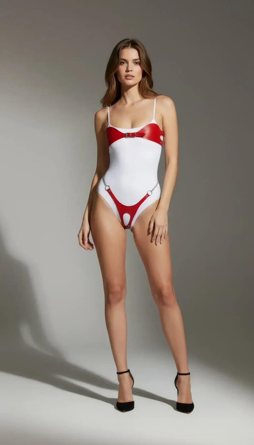 Beyaz ve kırmızı vinil harness bodysuit üzerinde gümüş O-halka kalça detayı yan açı