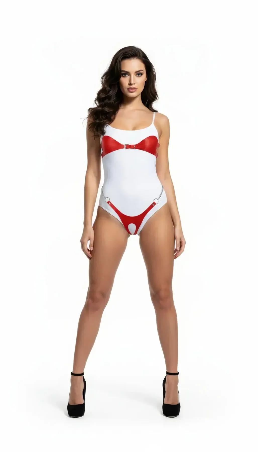 Ayarlanabilir askı kapamalı beyaz vinil ince askılı bodysuit arka görünüm