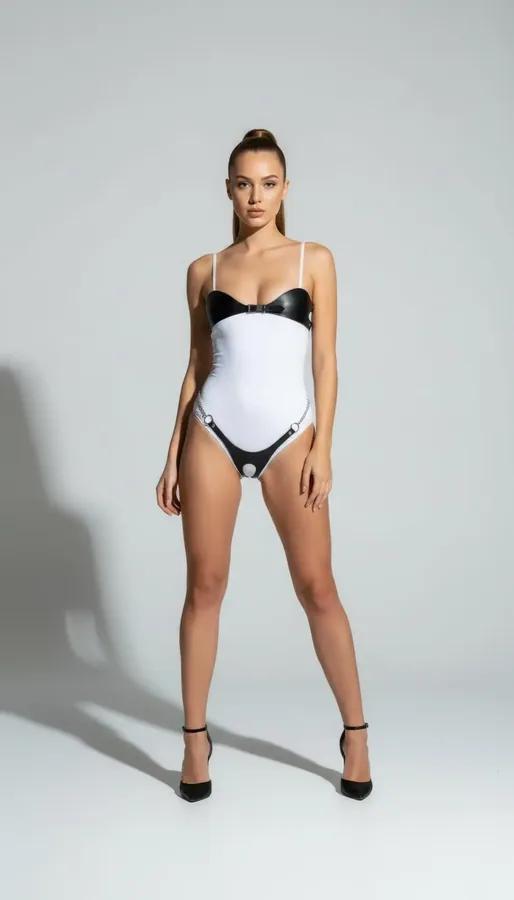 Siyah suni deri büst paneli ve kalçalarda gümüş O-halkalı yüksek kesim silüetli beyaz bodysuit ön görünüm