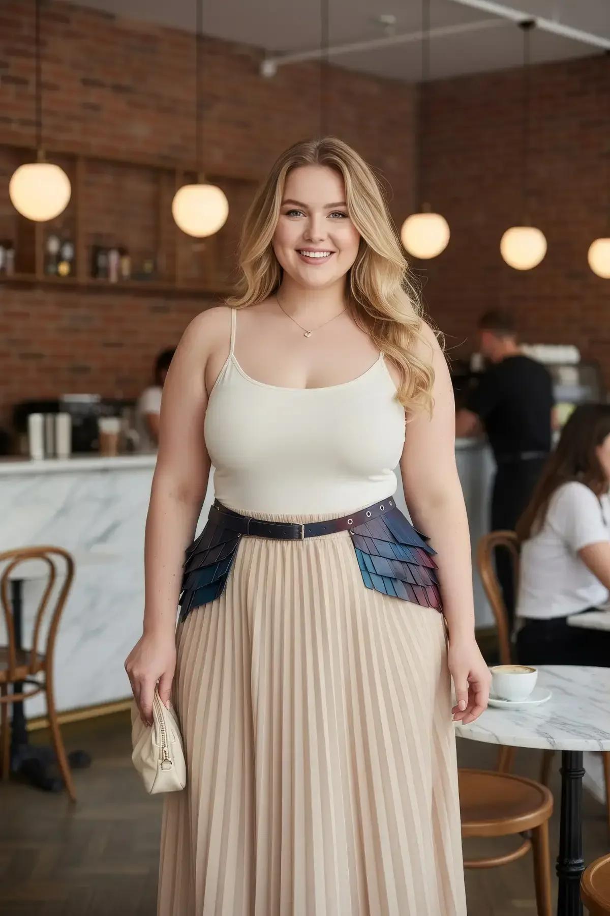 Pilili maksi etek üzerine giyilen lacivert-mor-pembe iridescent pullu vegan deri bel harness kemeri gümüş zımba kapama