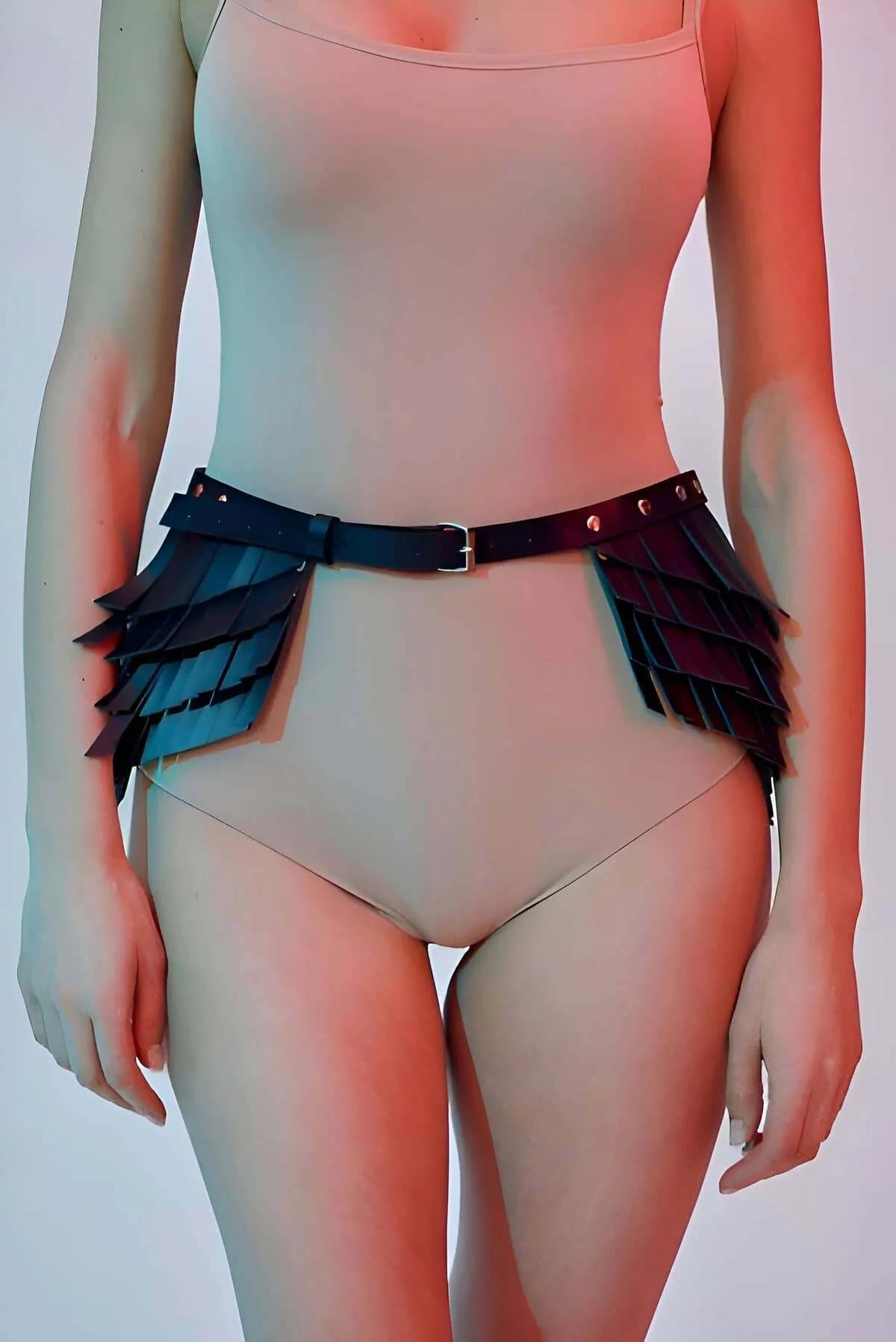 Nude tulum üzerine giyilen, örtüşen panel katmanları ve gümüş kare tokalı siyah suni deri pullu bel harness eteği