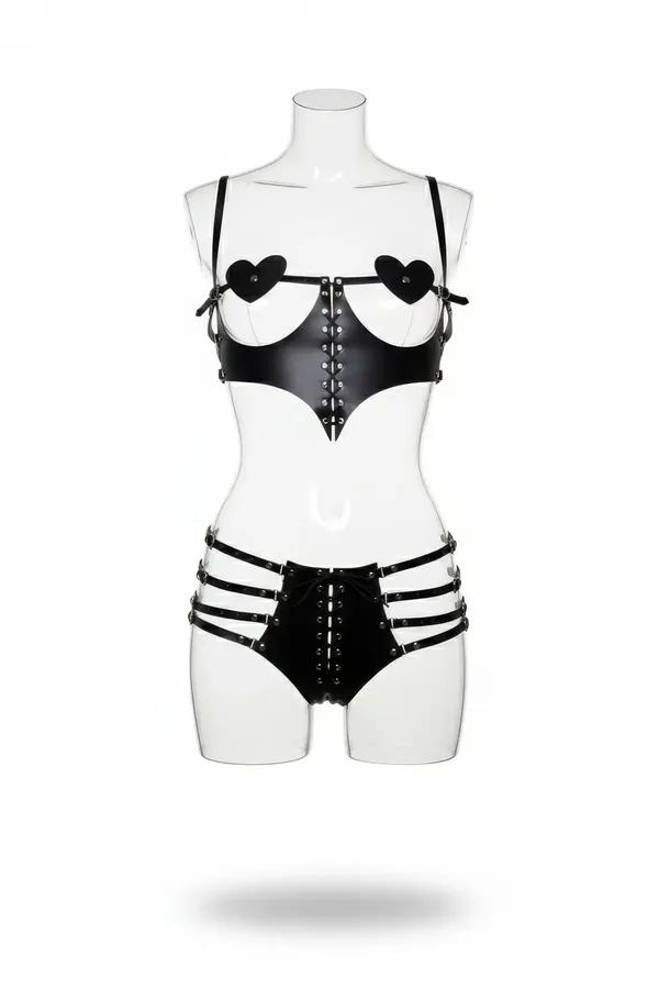 Mankende kalp kap aksanı ve üçlü kalça askılı siyah suni deri kafes harness seti