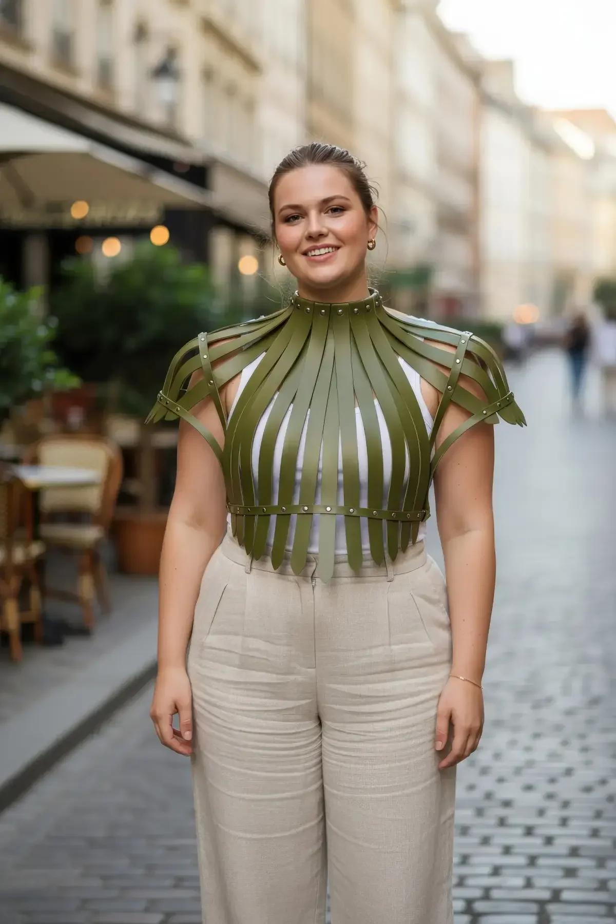 haki vegan deri çok şeritli kafes korse harness büyük beden altın perçinli omuz panelli