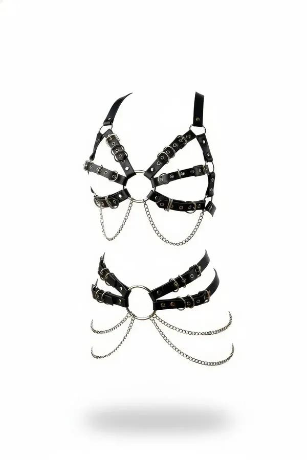 Gümüş O-halkalar, çok askılı bralet üst ve bel kemeri, sarkıt gümüş zincirli siyah suni deri iki parça vücut harness seti