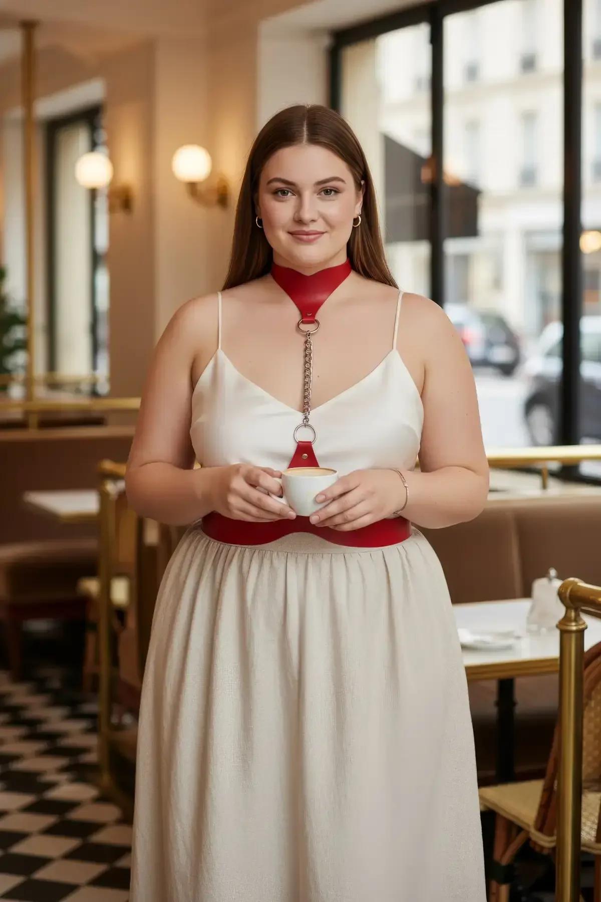 kırmızı vegan deri choker ve bel kemeri gümüş zincir O-ring bağlantılı set büyük beden