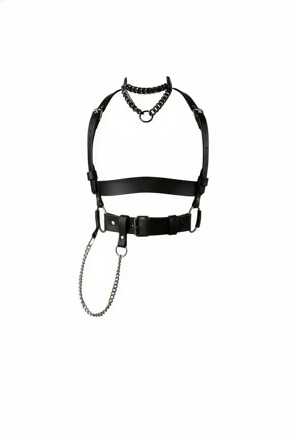 Beyaz zeminde çoker, ön O-halka ve çıkarılabilir gümüş zincirli siyah suni deri vücut harness
