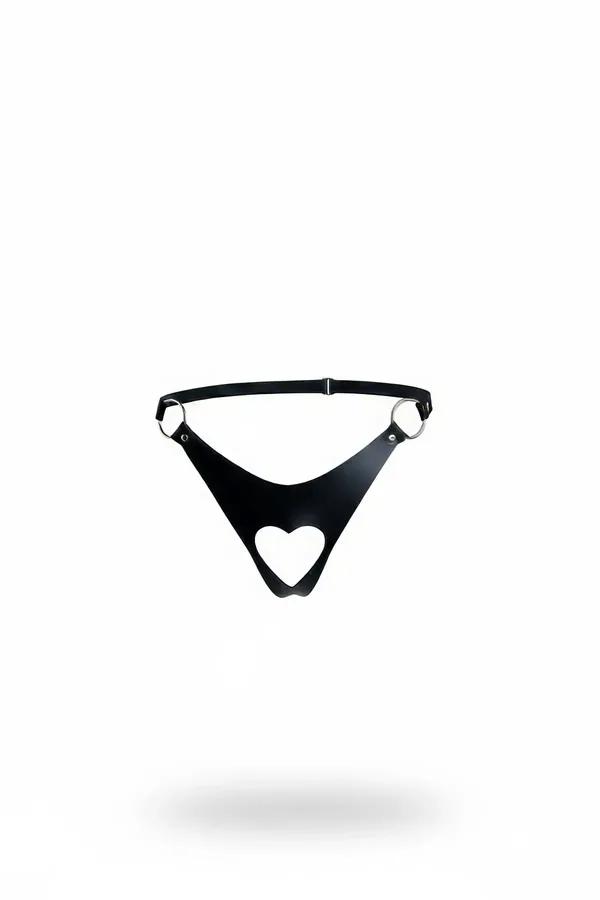 Beyaz zeminde kalp şekilli kesim ön panel ve gümüş O-halkalı siyah suni deri tanga harness