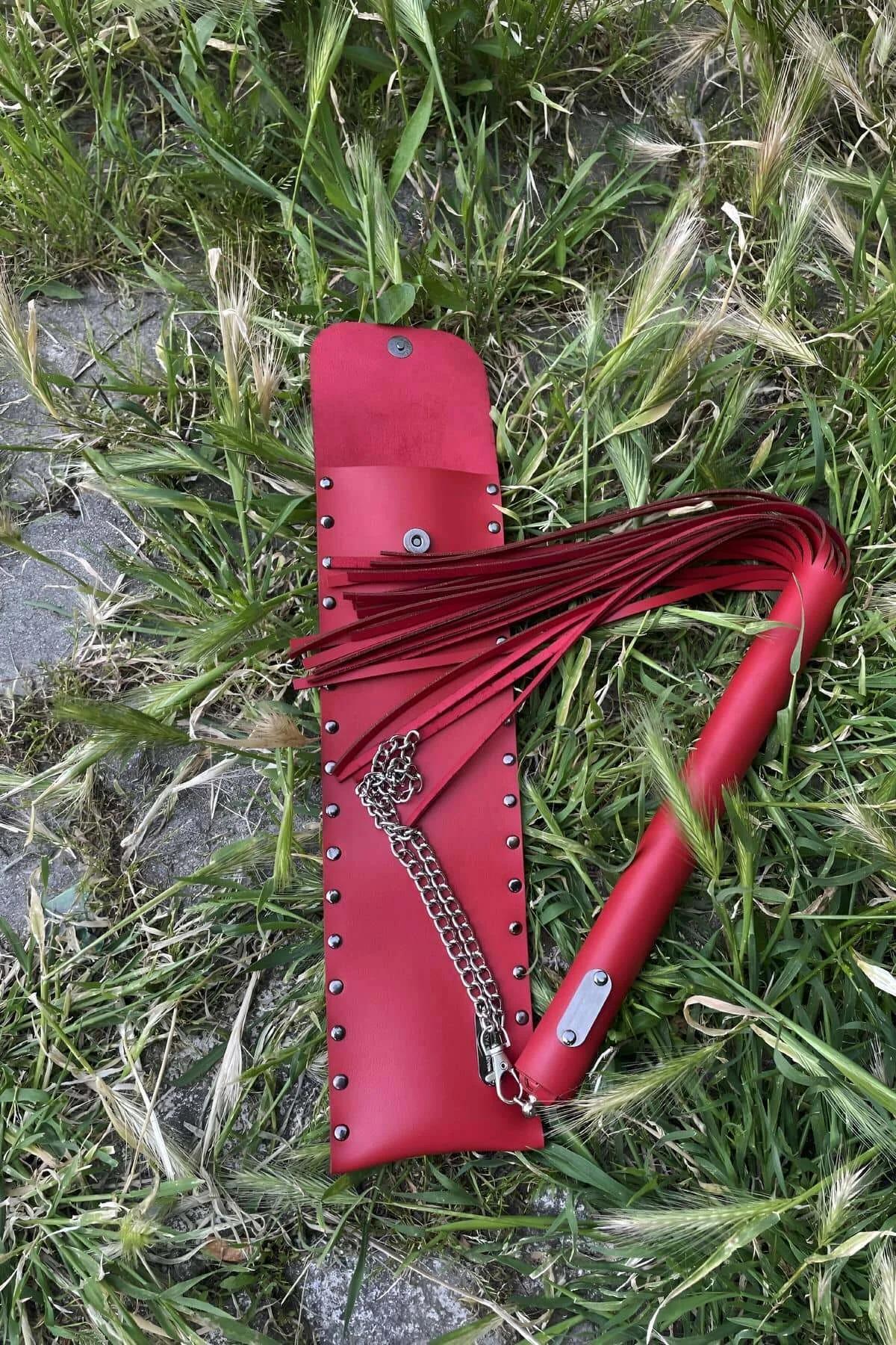 Çimen üzerinde zimbalı taşıma kılıfının yanında gümüş zincir saplı ve püsküllü kuyruklı kırmızı suni deri moda fleyil