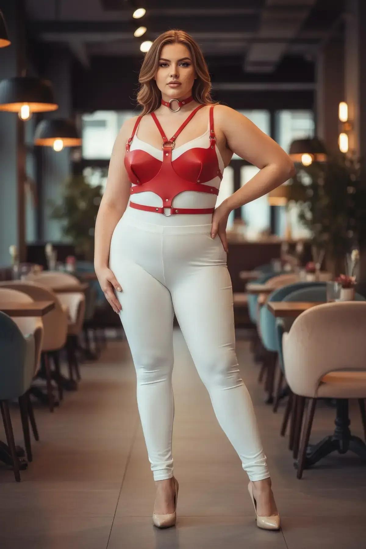 Ayarlanabilir metal toka ve gümüş O-halka kavşaklı kırmızı suni deri harness bel bandı askısı detayı