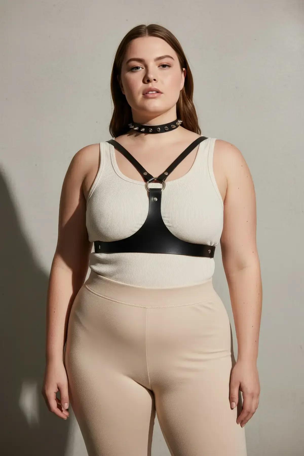 Göğüs harness askılarıyla entegre siyah zımbalı çoker, kadın model yan açı