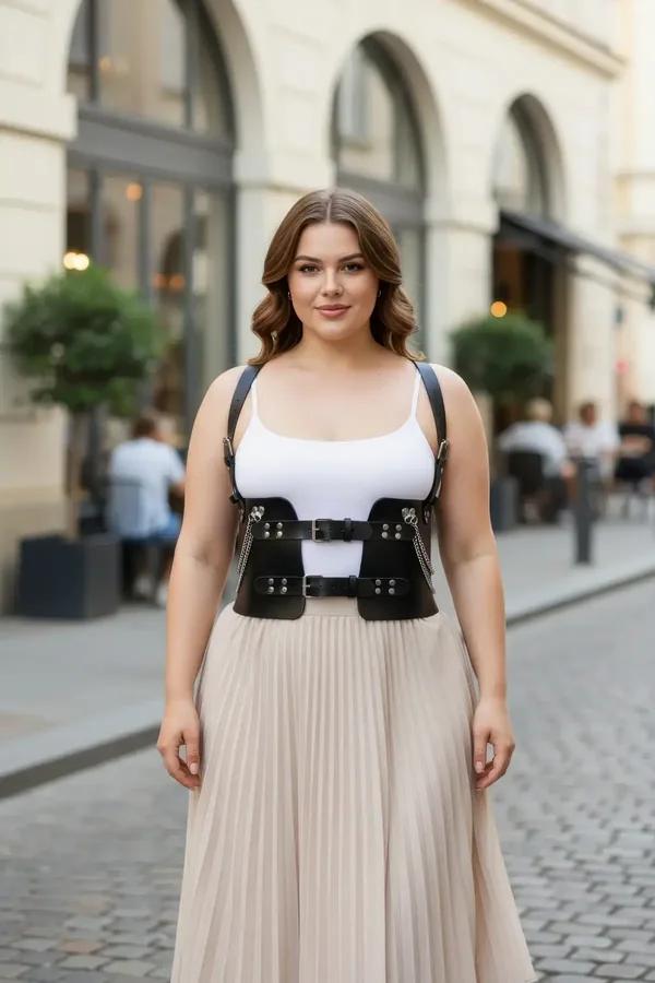 Geniş yapılandırılmış panelli, gümüş toka aksesuarlı ve dekoratif sallantılı zincirli siyah suni deri göğüs altı vücut harness
