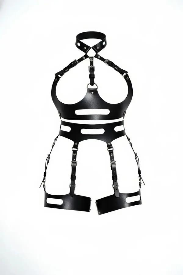 Siyah suni deri tam vücut harness - dikdörtgen kesikler, korse bel bandı ve uyluk jartiyer paneli, gümüş