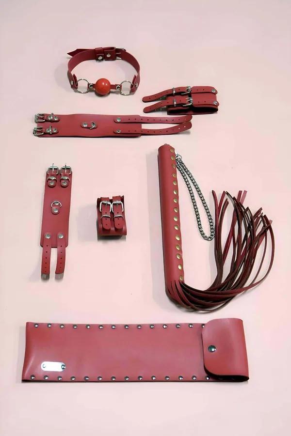 Pembe arka fonda bilek kelepçeleri, ayak bileği kelepçeleri, top gag, flogger, zımbalamalı kol kelepçesi ve kese içeren kızıl suni deri 6 parça kısıtlama kiti