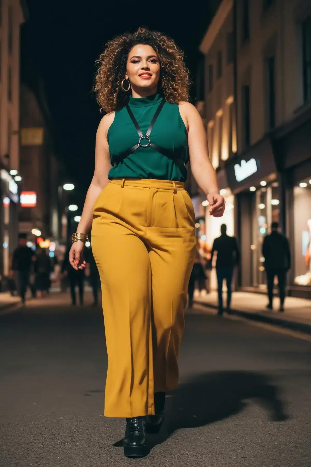 Beyaz tişört ve krem pantolon üzerine katmanlı siyah alt büst harness, Paris sokak tarzı