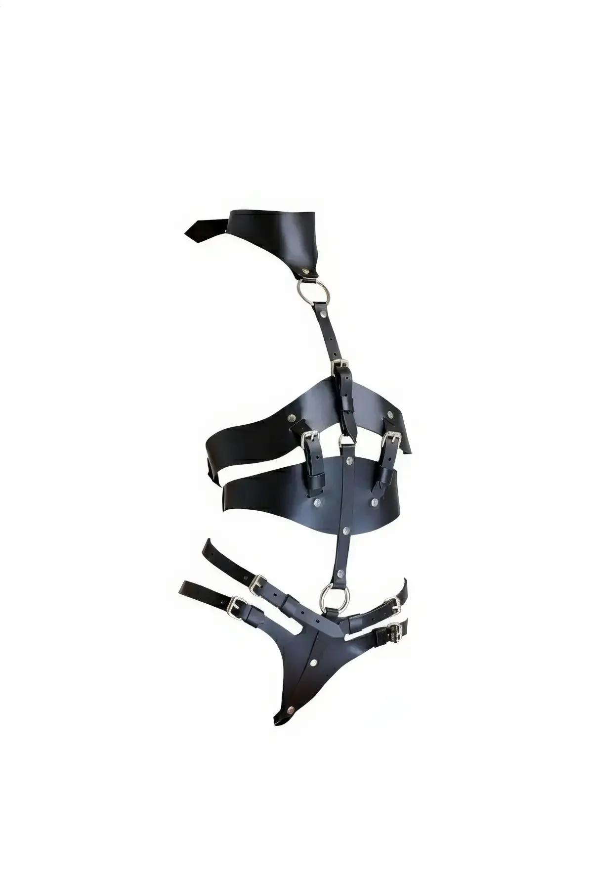 Siyah vegan deri tam vücut harness, kalıplanmış korse paneli ve gümüş O-halka