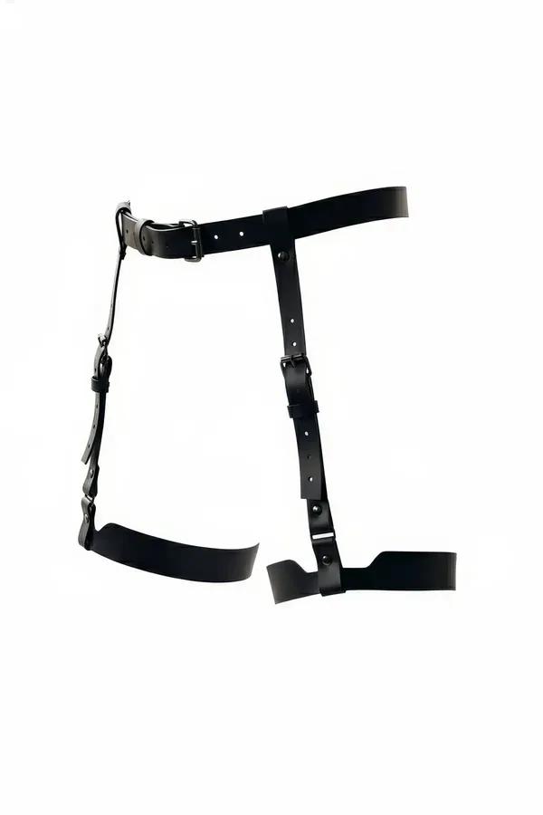 Siyah suni deri tek bacak jartiyer harness - ayarlanabilir bel askısı ve mat siyah toka