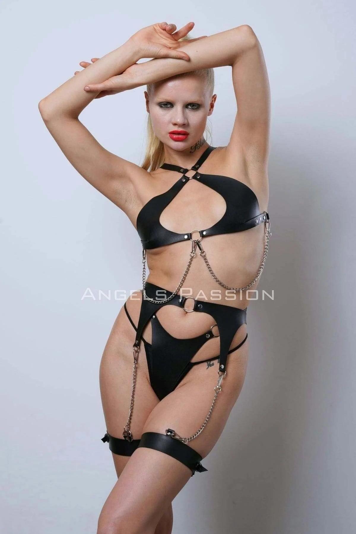 Deri Fantezi İç Giyim Takım, Şık Deri Harness Set, Club Wear - APFT1330
