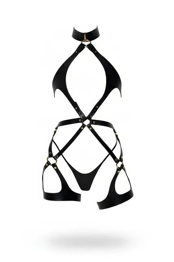 Siyah vegan deri tam vücut harness - yüksek çoker, altın O-halka ve diyagonal bel kafesi